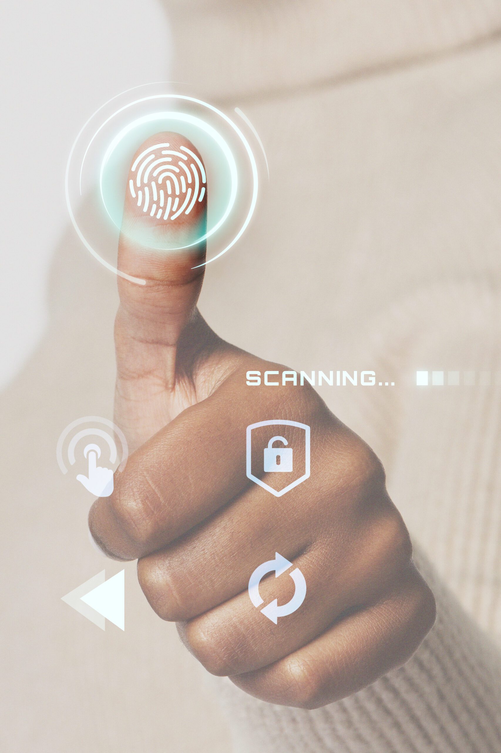 Woman scanning fingerprint with futuristic interface smart technology